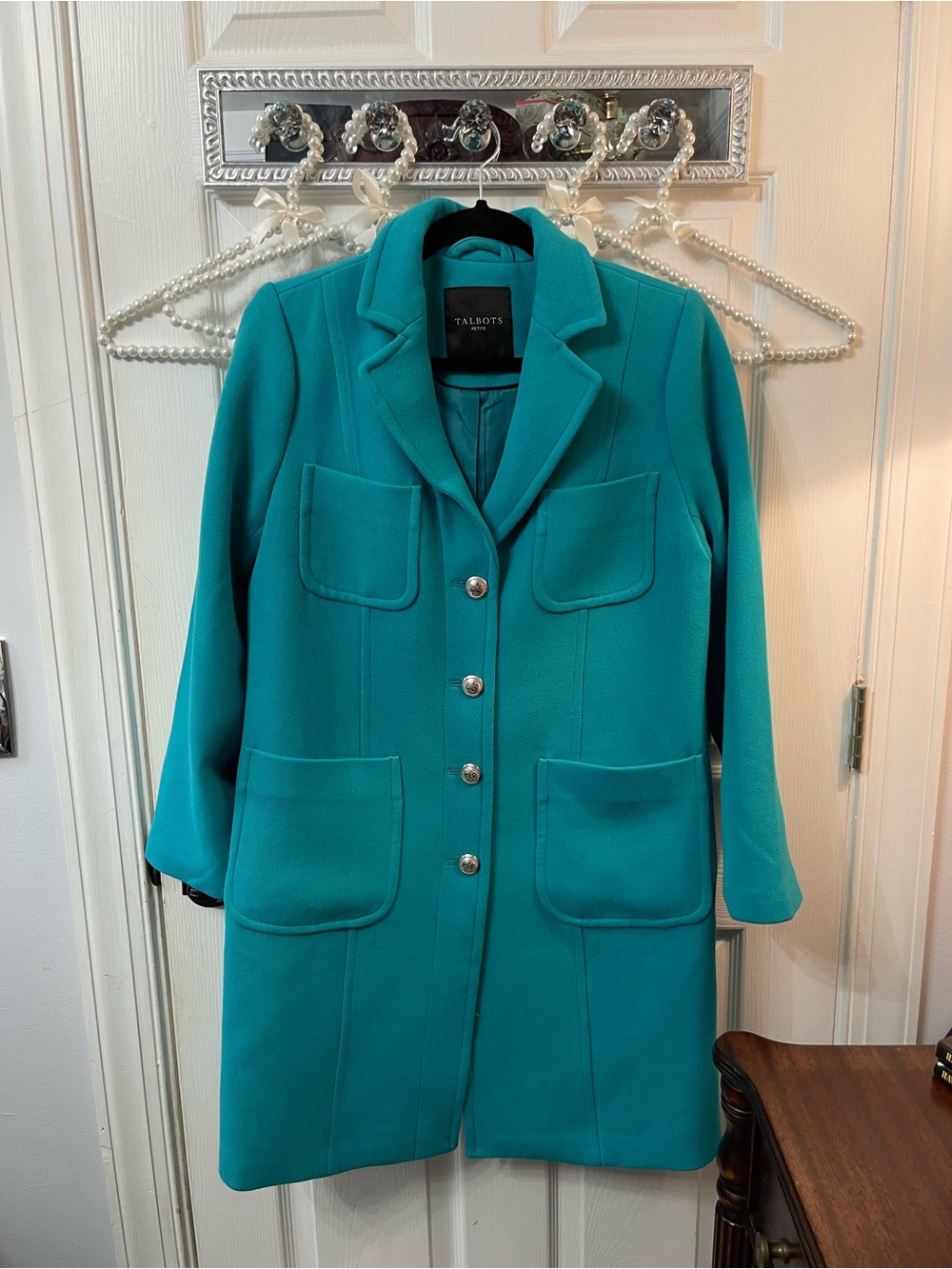 Talbots Teal-Blue Gold Button Long Blazer Pea Coat